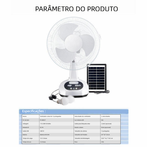 Ventilador solar com iluminação multifuncional para exterior e recarregável