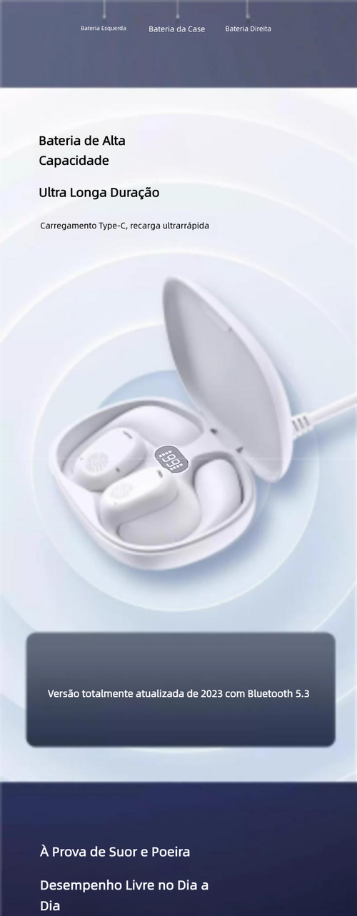 Fone Bluetooth de condução óssea cor preta, totalmente sem fio, gancho de orelha, não insere no ouvido. Modelo novo 2025 para esportes, longa autonomia, sem dor ao usar por muito tempo