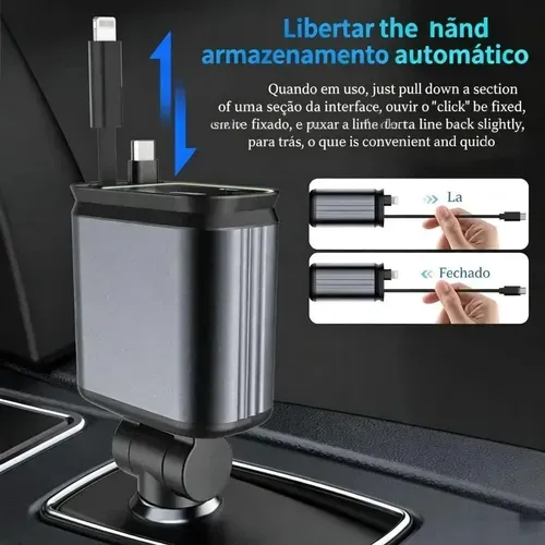Carregador automóvel retrátil super rápido 4-em-1, com cabos retráteis anti-emaranhados, duas portas de carregamento, projeção de luz de estrelas no teto do carro, adaptador de carregamento rápido com LED de estrelas — sem aromaterapia, luz LED veicular.