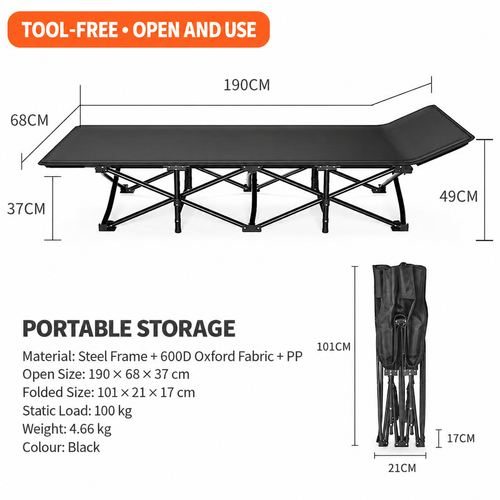Black Foldable Single Bed with Adjustable Backrest