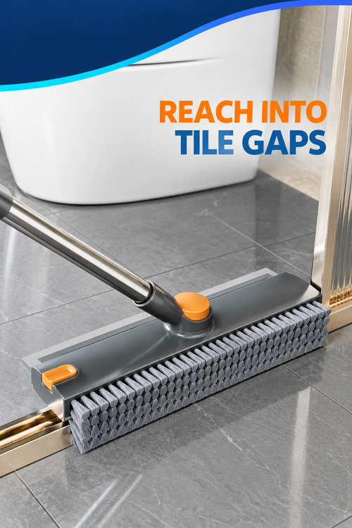 Grey V-Shaped Floor Gap Brush and Squeegee with Long Handle