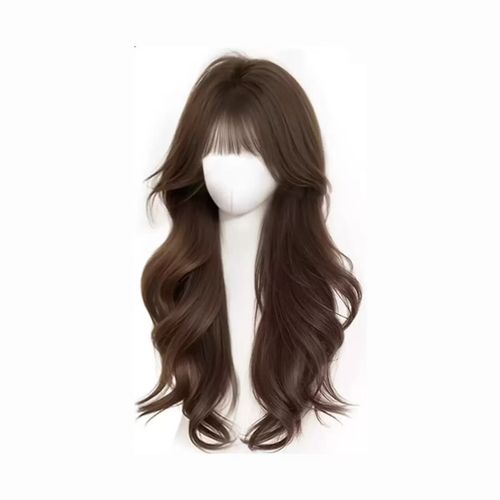 Long Dark-Brown Wavy Wig with Fringe