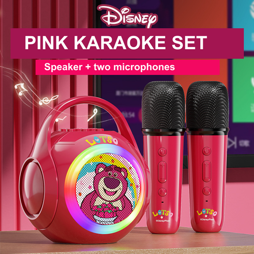 Pink Bear-Themed Bluetooth Karaoke Speaker with Two Microphones