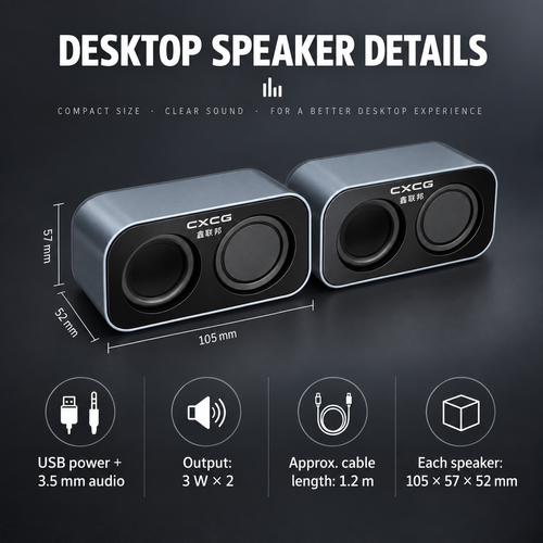 Compact Desktop Speaker Pair with USB Power and 3.5 mm Audio