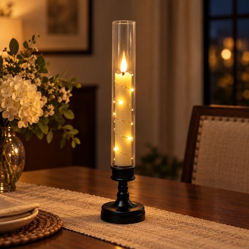 Tall Flameless LED Candle Lamp with Warm String Lights