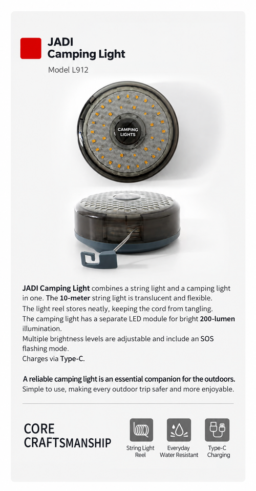 Black 10m Reel Camping String Light with Main Lamp