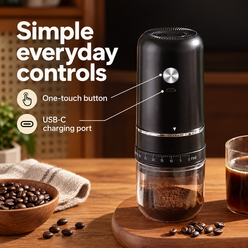 Electric Coffee Grinder with 30 Adjustable Grind Settings and USB-C Charging - Black
