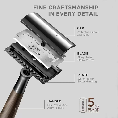 Double-Edge Safety Razor with Wood-Look Handle and 5 Blades