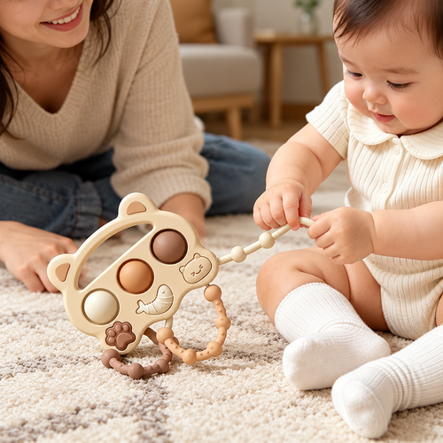 Cream Bear Sensory Pull and Press Baby Toy