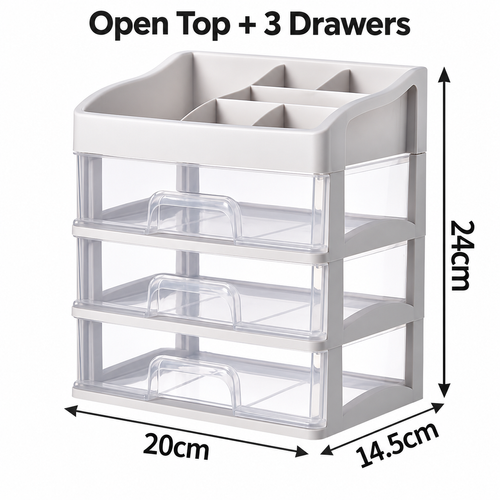 White Desktop Makeup Organizer with Open Top and 3 Drawers