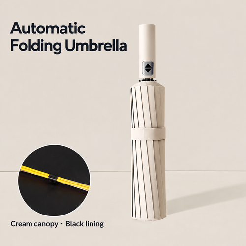 Cream Automatic Folding Umbrella with Black Lining