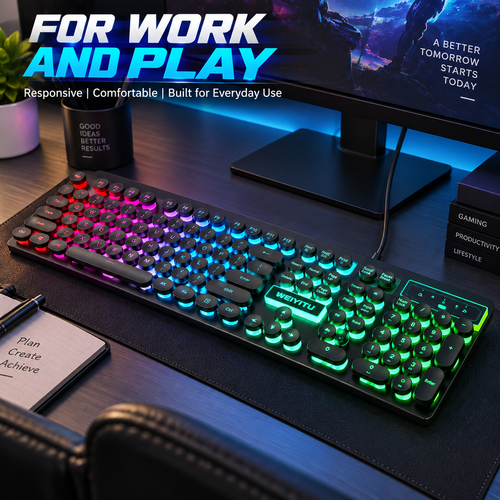 Black Wired Gaming Keyboard with Round Keys and Rainbow Backlight