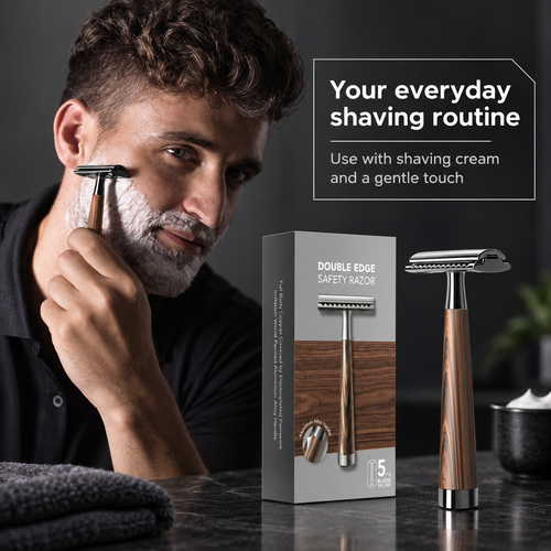 Double-Edge Safety Razor with Wood-Look Handle and 5 Blades