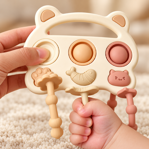 Cream Bear Sensory Pull and Press Baby Toy