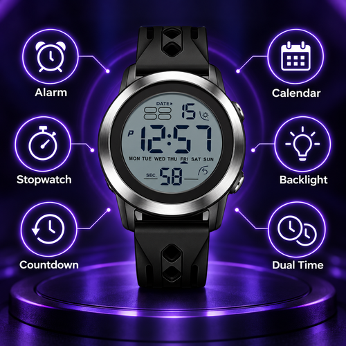 Black Digital Sports Watch with Alarm and Backlight