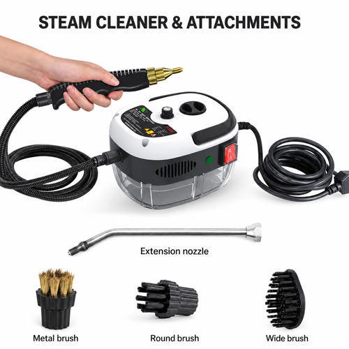 Compact Steam Cleaner with Handheld Nozzle and Cleaning Attachments