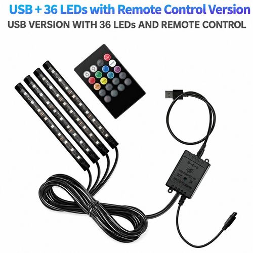 USB 4-Strip RGB Car Interior Ambient Light Kit with Remote