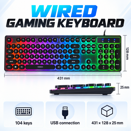 Black Wired Gaming Keyboard with Round Keys and Rainbow Backlight