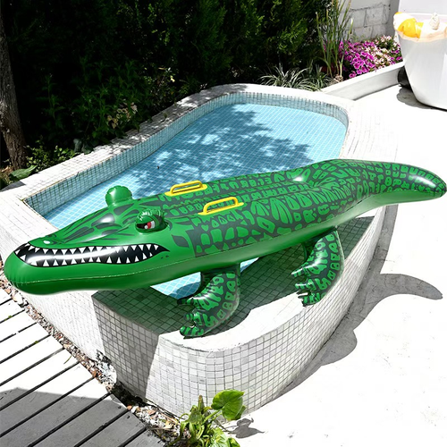 Green Inflatable Crocodile Pool Float with Grab Handles