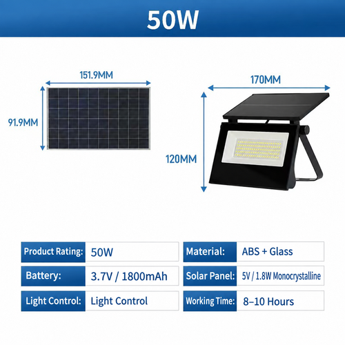 50W Outdoor Solar Flood Light with Adjustable Panel