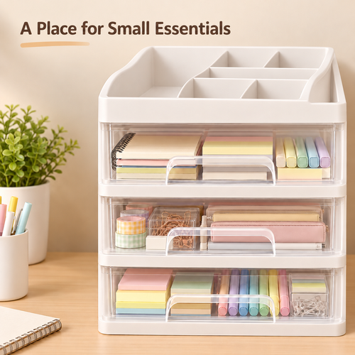 White Desktop Makeup Organizer with Open Top and 3 Drawers