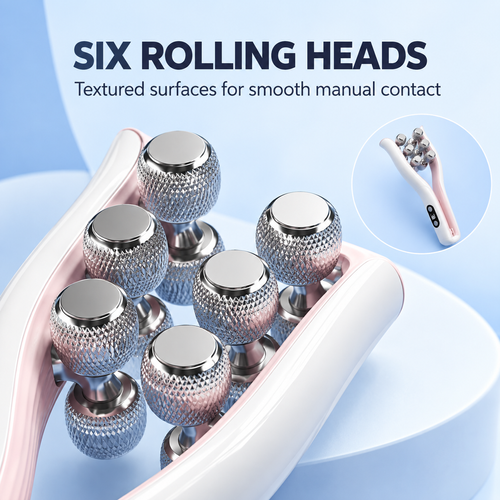 U-Shaped Facial Massage Tool with 6 Rolling Heads and 3 Levels – White & Pink