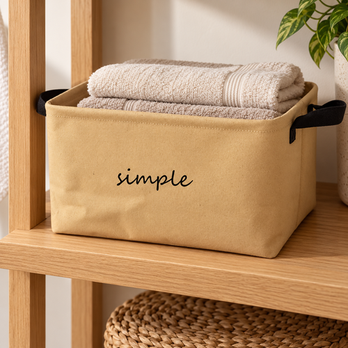 Beige Fabric Storage Bin with Handles