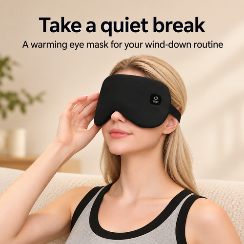 Heated Eye Mask with Power Button and Head Strap - Black