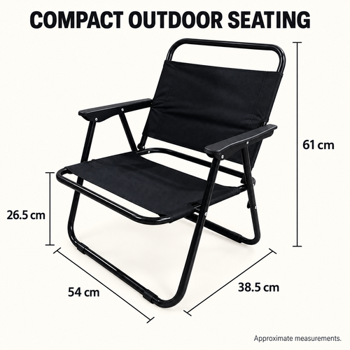 Black Folding Outdoor Chair with Plastic Armrests and Tubular Steel Frame