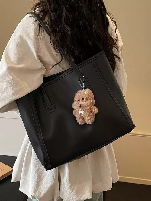 Everyday Tote Bag with Zip Closure and Bear Charm - White, Brown or Black