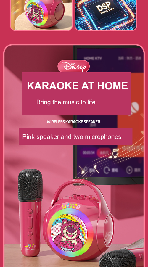 Pink Bear-Themed Bluetooth Karaoke Speaker with Two Microphones