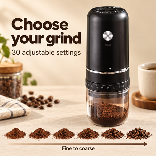 Electric Coffee Grinder with 30 Adjustable Grind Settings and USB-C Charging - Black