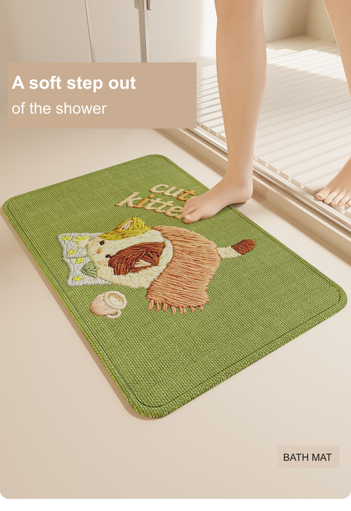 Green Cute Kitten Bath Mat