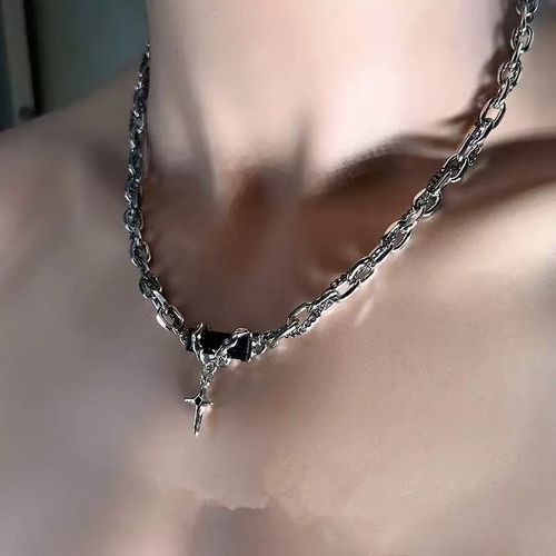 Men's Silver-Tone Chain Necklace with Black Stone Detail