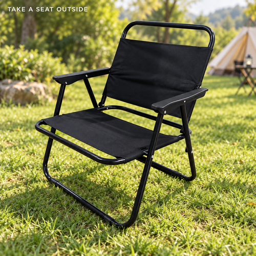Black Folding Outdoor Chair with Plastic Armrests and Tubular Steel Frame