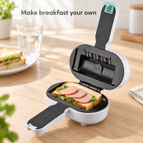 Compact Sandwich Maker - White | Hinged Plates & Handle Latch