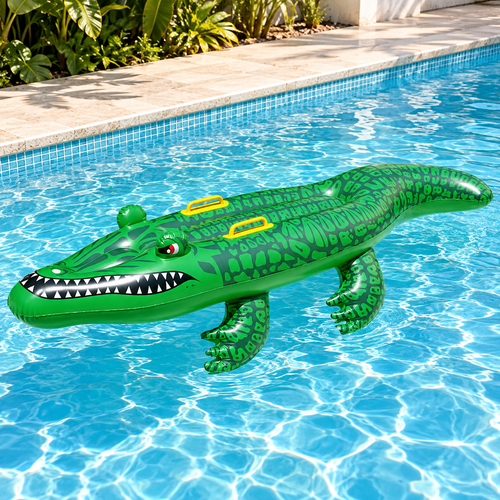 Green Inflatable Crocodile Pool Float with Grab Handles