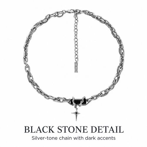 Men's Silver-Tone Chain Necklace with Black Stone Detail