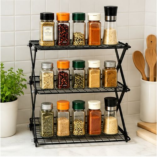 Black Three-Tier Folding Kitchen Storage Rack