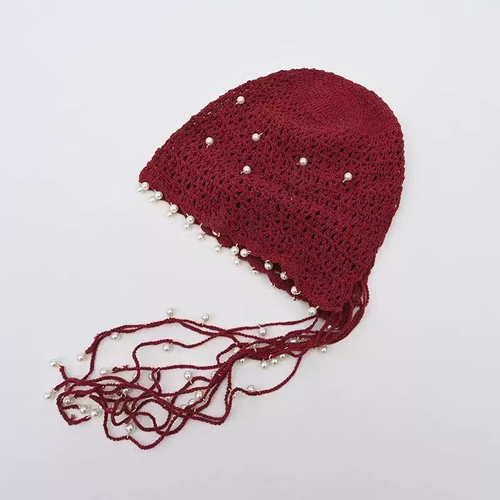 Women's Beaded Crochet Knit Hat - Beige or Red