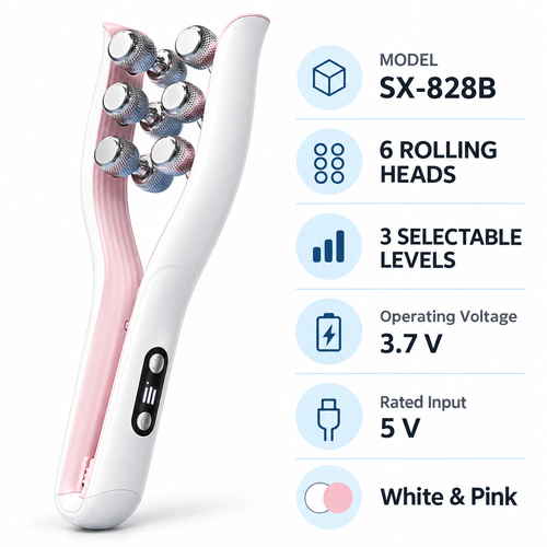 U-Shaped Facial Massage Tool with 6 Rolling Heads and 3 Levels – White & Pink