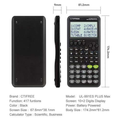 CTIFREE UL-991ES PLUS Max Scientific Calculator with 417 Functions and Protective Cover - Black