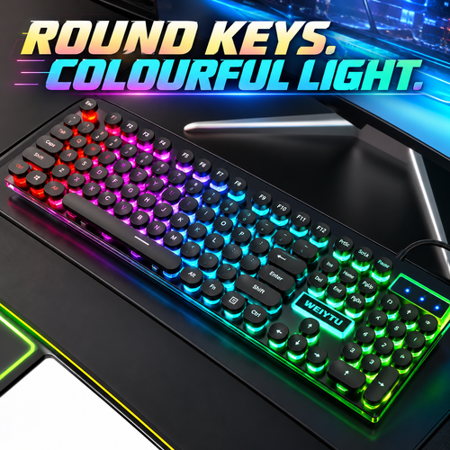 Black Wired Gaming Keyboard with Round Keys and Rainbow Backlight