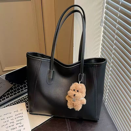 Everyday Tote Bag with Zip Closure and Bear Charm - White, Brown or Black