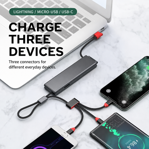 🔌 One cable, three connections! ⚡ Charge Lightning, Micro-USB, and USB-C devices with one compact 3-in-1 cable. Easy to carry, neatly stored, and perfect for everyday charging at home, work, or on the go! 📱✨