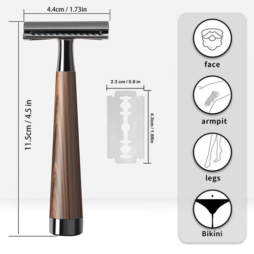 Double-Edge Safety Razor with Wood-Look Handle and 5 Blades