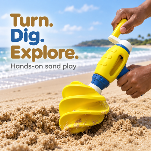 Hand-Crank Sand Drill Toy for Beach and Sandbox Play - Yellow and Blue