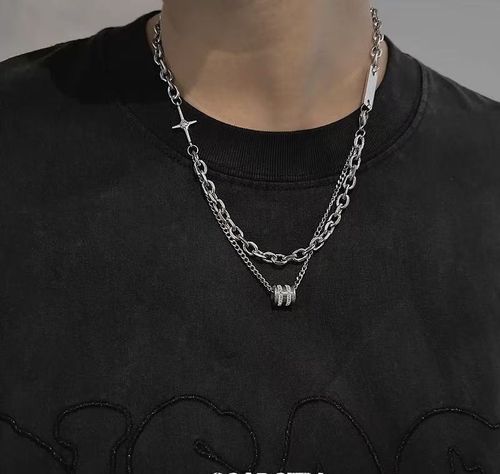 Layered Titanium Steel Necklace for Men - Silver Tone