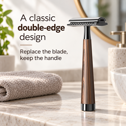 Double-Edge Safety Razor with Wood-Look Handle and 5 Blades