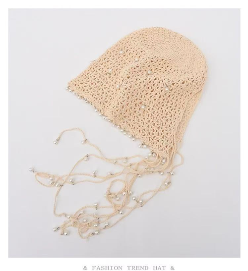 Women's Beaded Crochet Knit Hat - Beige or Red
